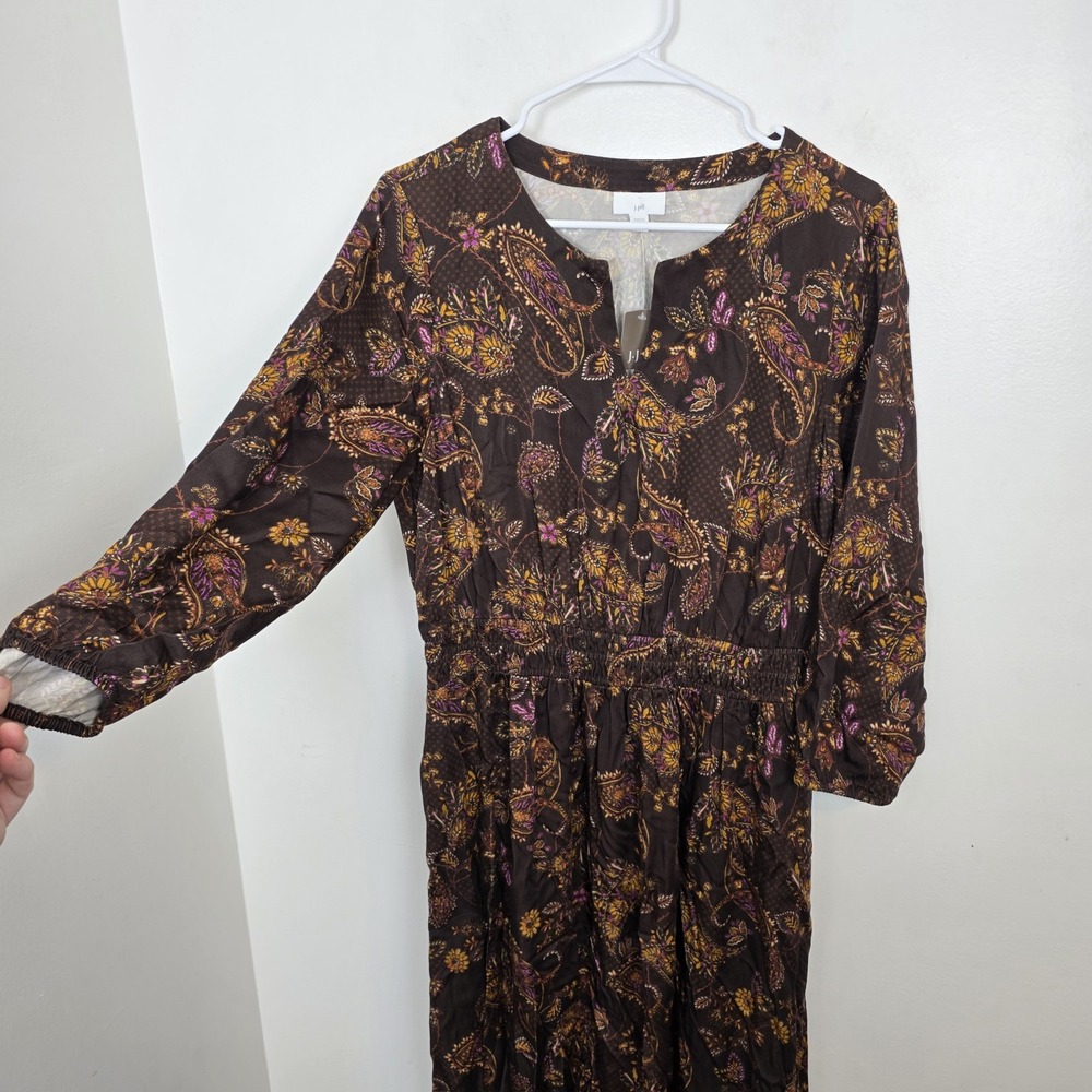 J. Jill Brown Floral Paisley Smocked Waist Boho Modest Cottage Midi Dress Size M - Picture 5 of 13